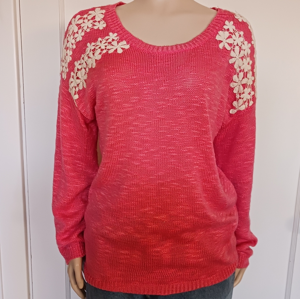 Pink and lace sweater. Pink Rose size Large. Cottagecore Grannycore.